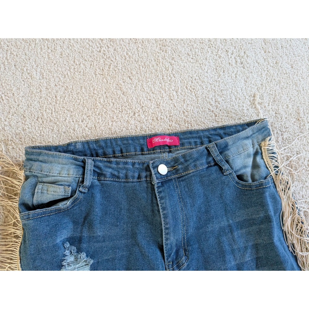 Mundefeis Womens Denim Fringe Boho Jeans XL Blue Distressed Straight Leg - Picture 6 of 14